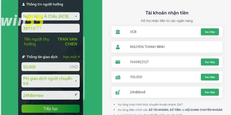 Chuyển số tiền đã nạp theo thông tin hiển thị trên Win55
